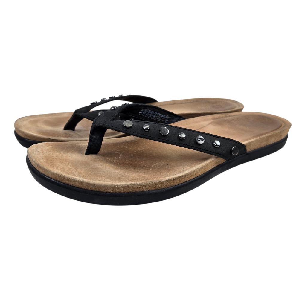 UGG Sadie Studded Black Leather Thong Comfort Sandals Women's Size 11 EUC